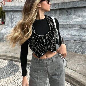 ZARA Black Velvet Waistcoat With Rhinestones Sz XS Vest Whimsigoth Boho Glam